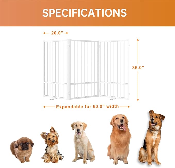 Full Metal Freestanding Dog Gate with Door, 36''Height Foldable Pet Dog Fence for Indoor & Outdoor, 3 Panels Extra Wide Free Standing TallDog Gates for Doorways,House,Stairs,Porch,Deck,Yard-PurrikoPets