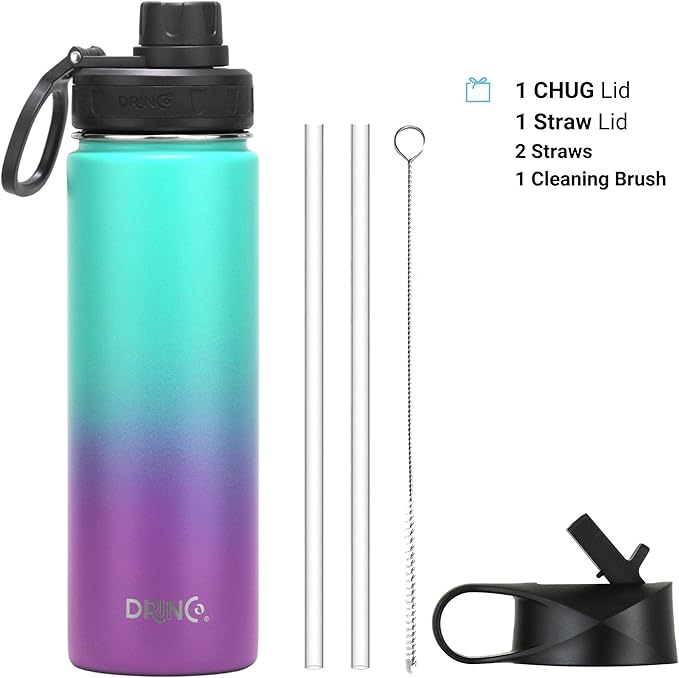 DRINCO Stainless Steel Water Bottle Spout Lid Vacuum Insulated Double Wall Water Bottle Wide Mouth (40oz 32oz 22oz 18oz 14oz) Leak Proof Keeps Cold or Hot (22 oz, 22oz Ombre Fuschia Teal)-PurrikoPets