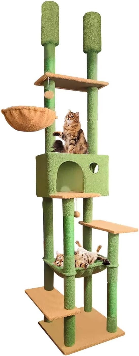 96.5"-108" Cat Tree Floor to Ceiling 7-Tier Cat Tower Adjustable Height with Scratching Posts, Cozy Hammock, Cat Condo for Indoor Cats(Green)-PurrikoPets