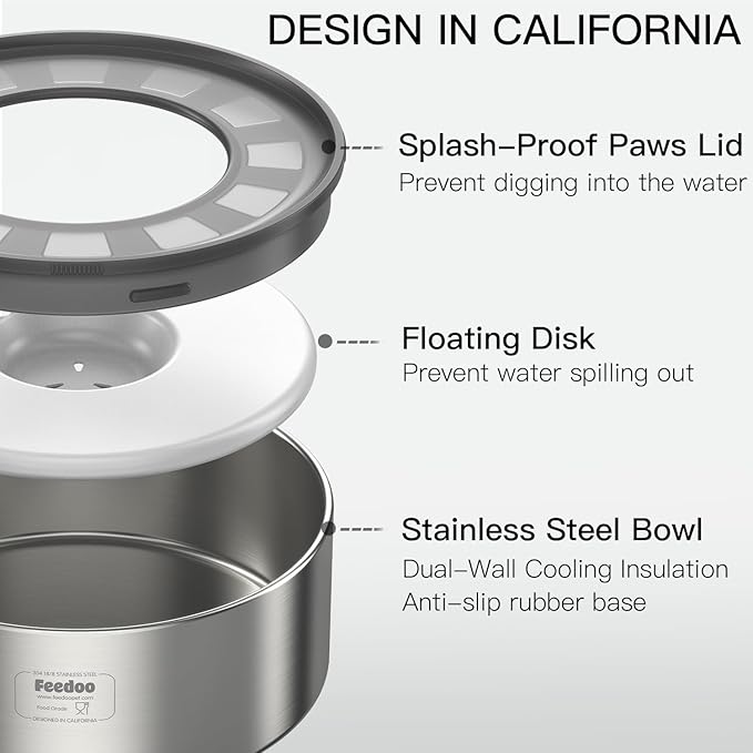2L No Spill Water Bowl for Dogs, Double-Wall Stainless Steel with Splash-Proof Paws Lid and Floating Disk, Non-Slip Base, Easy to Clean Slow Water Feeder for Small Medium Dogs-PurrikoPets