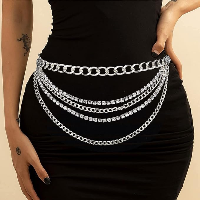 Suyi Multilayer Chain Belt Rhinestone Metal Chain Belts for Women Punk Gold Waist Chain