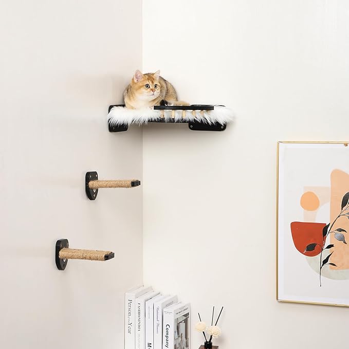 3 Pcs Cat Steps and Perches for Wall, Climbing Shelf With Hemp Rope, Wall-Mounted Furniture Set With Scratching Pads for Playing (Black)-PurrikoPets