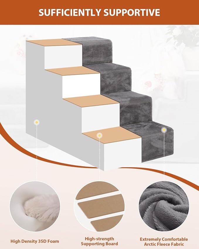 Dog Stairs for Small Dogs,22" 5-Step Pet Stairs for High Beds and Couches，Dog Steps with Non-Slip Bottom and High-Density Foam Indoor Outdoor,Grey-PurrikoPets