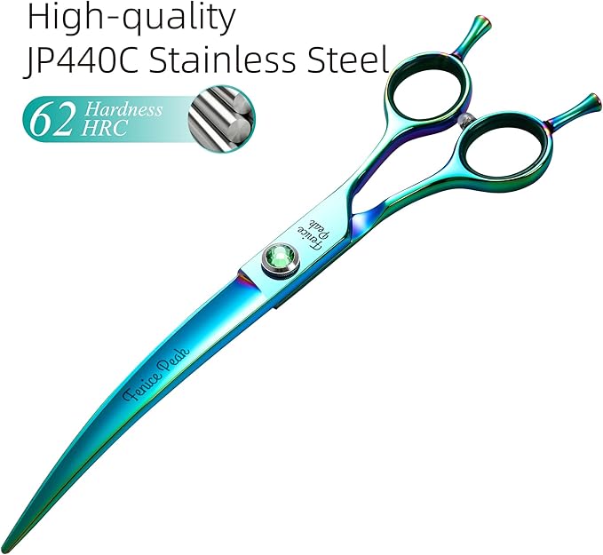 Fenice Peak 7.5'' Green Curved Dog Grooming Scissors Pet Shears with Ergonomic Offest Handle and Simulated Emerald Screw 440C Grooming Scissors Trimming Shears Durable and Sharp-PurrikoPets