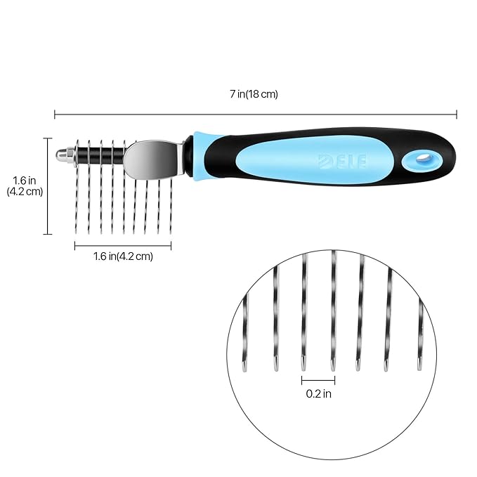 Flexzion Dogs Dematting Comb, Stainless Steel Blades Rakes, for Pets Cats Animals Matted Knotted Hair, Brush Cutting Removing Grooming Tool with Smooth Teeth Needle - Black & Blue Handle-PurrikoPets