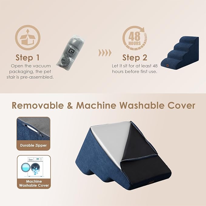 EHEYCIGA Curved Dog Stairs Ramp for High Beds 19.7" H, 4-Step Dog Steps for Small Dogs and Cats, Pet Stairs for High Bed Climbing, Non-Slip Balanced Pet Step Indoor, Navy-PurrikoPets