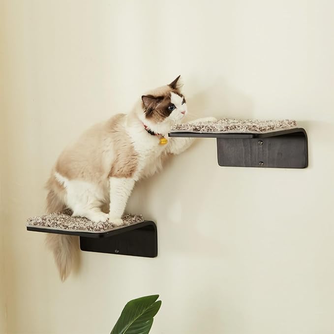 2 Set Cat Wall Steps - Wooden Cat Climbing Shelf for Wall - Cats Wall Stairs with Scratching Mat - Wall Mounted Cats Furniture for Jumping, Playing, and Lounging, Walnut-PurrikoPets