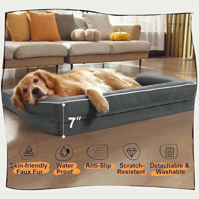 Extra Large Dog Bed-Orthopedic Waterproof XL Dog Bed for XLarge Extra Big Dogs - Foam Couch Sofa Washable with Removable Cover-Dark Grey-PurrikoPets