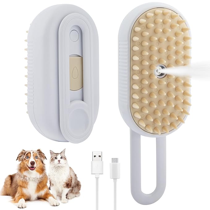 4 in 1 Cat Steam Brush Cat and Dog Anti-Static steam Brush with Spray for Massaging,cleaning,Shedding,Grooming,Rechargeable Pet Grooming Brushes(white brush)-PurrikoPets
