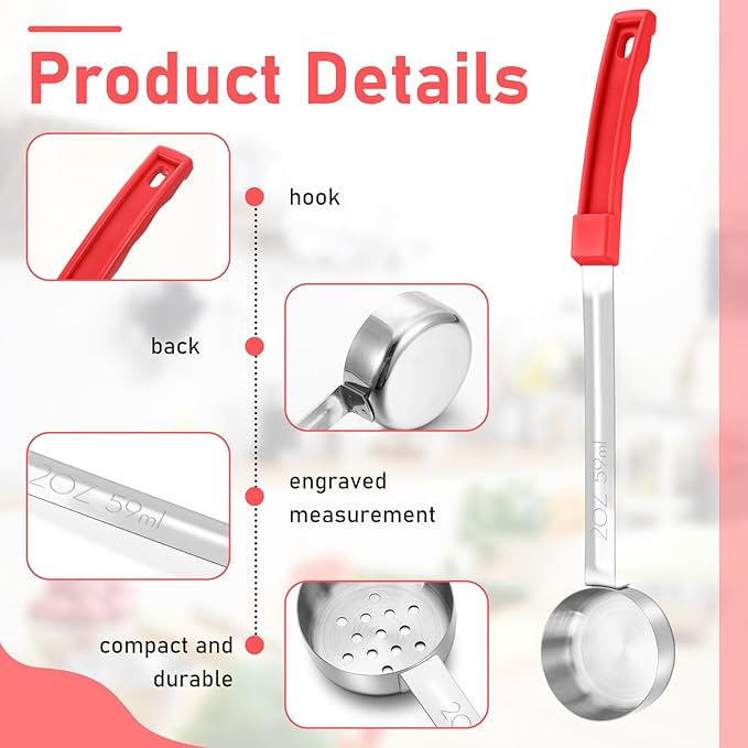16 Pcs Portion Control Serving Spoons, Restaurant Measuring Serving Ladle Utensils, Portion Control Slotted Scoops for Weight Loss, Solid and Perforated Scoops(Red,2 oz)-PurrikoPets