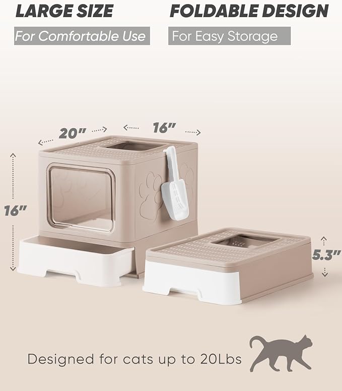 Enclosed Cat Litter Box, Large Litter Box for Big Cats, Covered Kitty Litter Boxes with Lid, Top Entry Cat Box Enclosure with Scoop, Odor Control, Easy to Clean(Coffee)-PurrikoPets