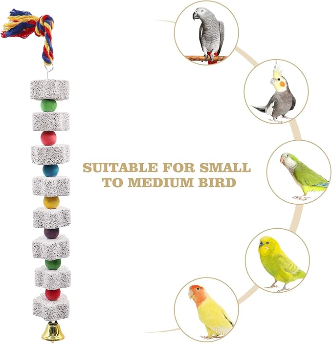 2 Pack Mineral Block Chew Toys with Colorful Beads and a Bell, Bird Beak Grinding Stone, Cage Accessories for African Grey, Budgies, Cockatiels, Small to Medium Birds-PurrikoPets