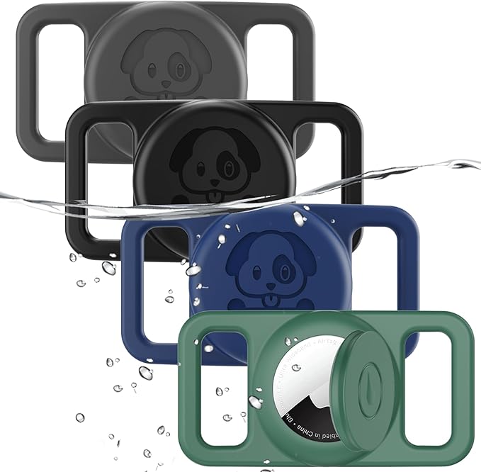 4 Pack Waterproof AirTag Dog Collar Holder Compatible with Apple AirTag, Silicone Hidden Loop Holder for Airtag Tracker, Anti-Lost Dog Collar Air Tag Accessories(Gray,Black,Blue,Dark Green)-PurrikoPets