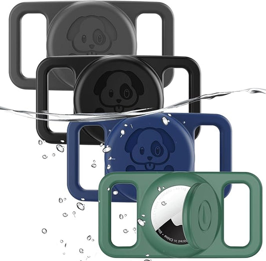 4 Pack Waterproof AirTag Dog Collar Holder Compatible with Apple AirTag, Silicone Hidden Loop Holder for Airtag Tracker, Anti-Lost Dog Collar Air Tag Accessories(Gray,Black,Blue,Dark Green)-PurrikoPets