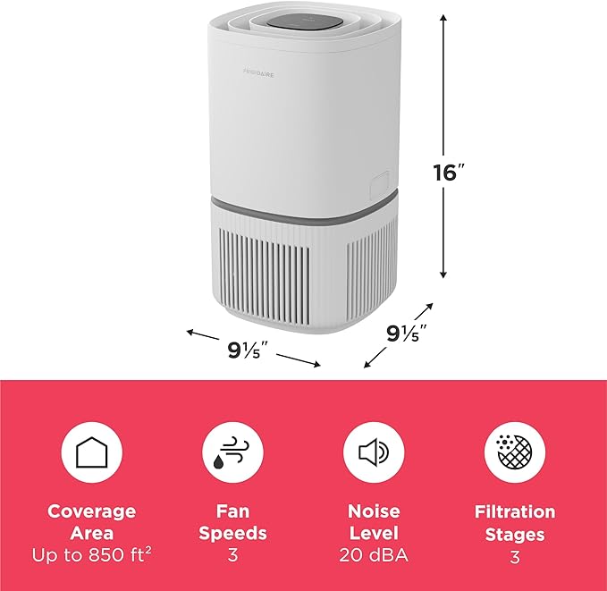 Frigidaire PureA300 HEPA Air Purifier with Wi-Fi for Small Bedrooms, Covers up to 850 Sq. Ft., 3-Stage Filtration, Energy Star Certification, Air Quality Monitoring, Smart Mode, Ultra Quiet, White-PurrikoPets