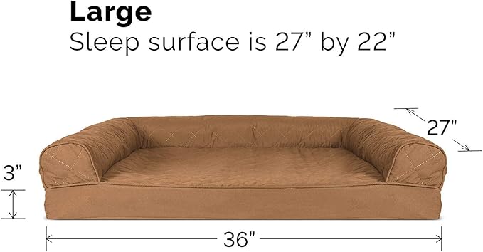 Furhaven Cooling Gel Dog Bed for Large/Medium Dogs w/ Removable Bolsters & Washable Cover, For Dogs Up to 55 lbs - Quilted Sofa - Toasted Brown, Large-PurrikoPets