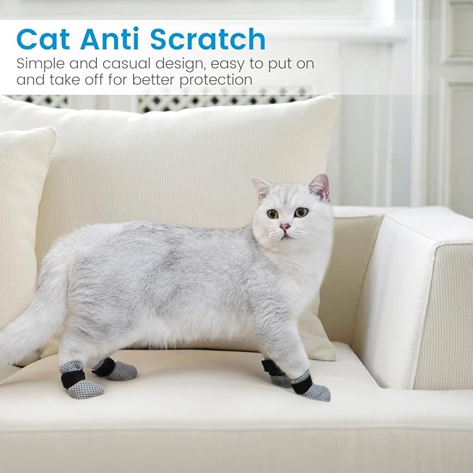 4Pcs Cat Nail Caps, Cats Booties Mittens Paw Covers Caps Shoes for Bathing Shaving Checking Nail Cutting, Pet Grooming Socks AntiScratch Adjustable Pet Claw Protector Foot Sleeves, Grey M-PurrikoPets