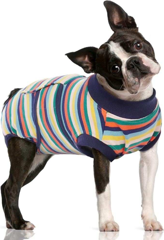 FUAMEY Recovery Suit for Dogs After Surgery,Soft Breathable Dog Bodysuit E-Collar & Cone Alternative Surgical Suit,Male Female Dog Neuter Spay Suits Anti Licking Wounds Onesie Dark Blue Stripes M-PurrikoPets