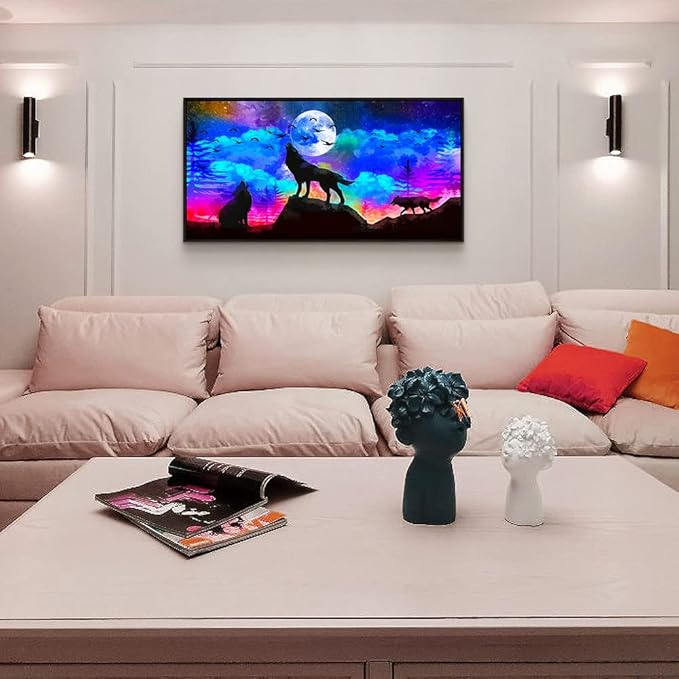 Framed Canvas Wolf Landscape Painting Canvas Wall Art For Living Room Bathroom Wall Decor For Bedroom Kitchen Artwork Canvas Art Prints Modern Office Home Decorations Blue Starry Sky Hang Pictures-PurrikoPets