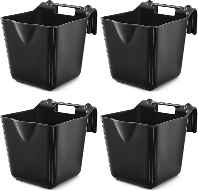 4 Pack 15 Quart Horse Feeders for Stall Hook Over Hanging Fence Hay Feeder Mountable Livestock Plastic Feed Bucket for Farm Stalls Pasture, Stable to Feed Horses Sheep Cattle Cows Etc(Black)-PurrikoPets