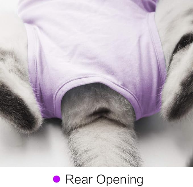DOTON Cat Recovery Suit for Male and Female Surgical Post Surgery Soft Cone Onesie Shirt Clothes Neuter Licking Protective Diapers Outfit Cover Kitten Spay Collar(S, Purple)-PurrikoPets