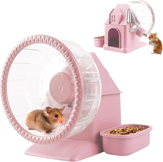 4 in 1 Silent Large Hamster Wheel Multifunctional Hamster Running Wheel Quite Running Spinner Wheel Accessories with Food Bowl Water Bottle for Hamsters Dwarf Gerbil (Pink)-PurrikoPets