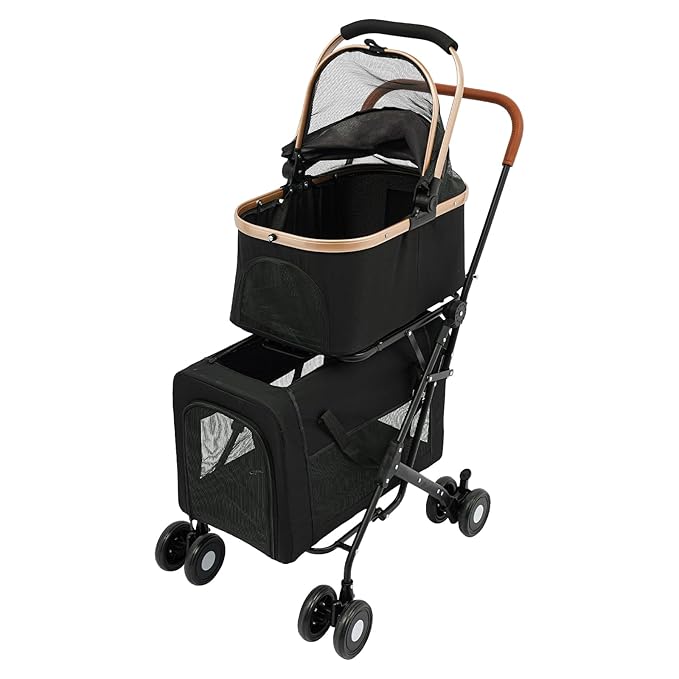 Double Pet Stroller for Dogs and Cats, Foldable Dog Stroller Travel Carriage with Detachable Carriers, Safety Belts, and 4 Lockable Wheels for Small to Medium Pets (Black)-PurrikoPets