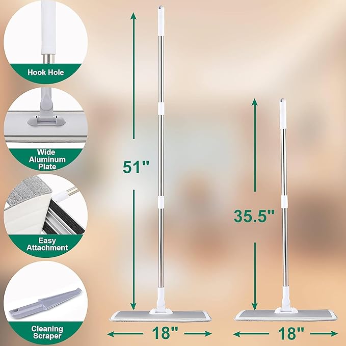 18" Professional Microfiber Mop Floor Cleaning System, Flat Mops with Stainless Steel Handle, 4 Reusable Washable Mop Pads, Wet and Dust Mopping for Hardwood, Vinyl, Laminate, Tile Cleaning (White)-PurrikoPets