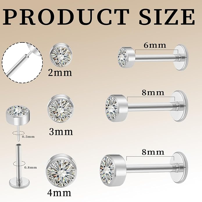 Delicate Moissanite & Titanium Threadless Flat Back Studs - 6-Piece 20G Labret Set for Nose, Helix, Cartilage, Conch, and Lip Piercings for Women & Men