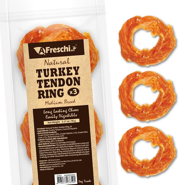 Afreschi Turkey Tendon Ring (M) 3.17 oz, USA-Sourced Turkey Tendon, All Natural Human Grade Dog Chew, Hypoallergenic, Rawhide Alternative, Dog Treats for Medium Breeds-PurrikoPets