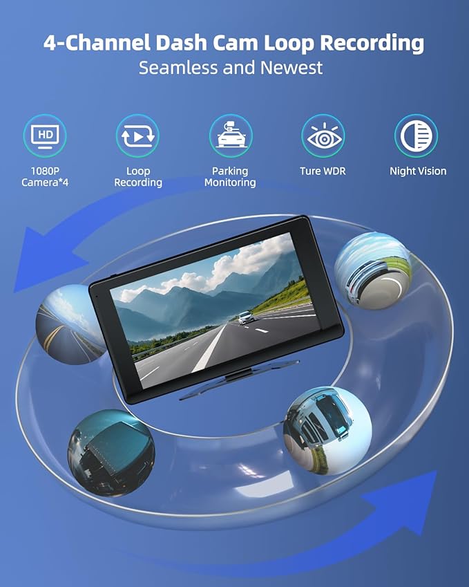 4 Channel 1080p HD Backup Camera System with 10.2" Touchscreen Monitor, DVR Recording/Playback, Bluetooth, FM Radio & Media Player for Trucks, Semis, RVs, Trailers, Vans, SUVs, Cars-PurrikoPets