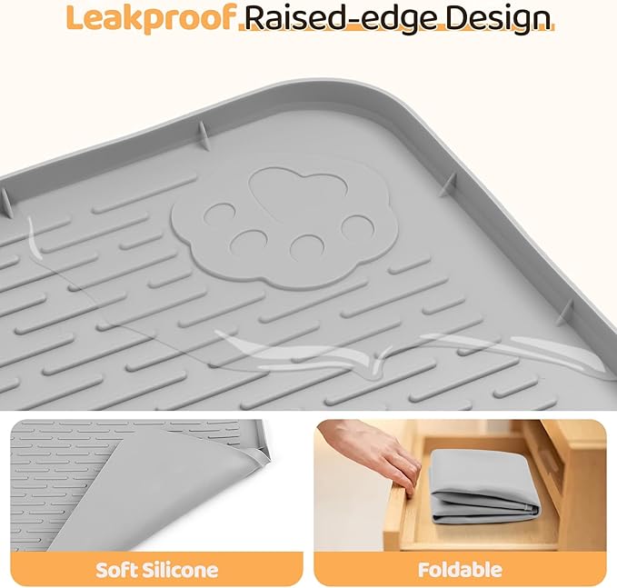 Dog Food Mat, Extra Large 50" x 35" Silicone Pet Feeding Mat with Raised Edge Pet Placemat for Small, Medium, and Large Pets Non-Slip, Easy to Clean (Grey)-PurrikoPets