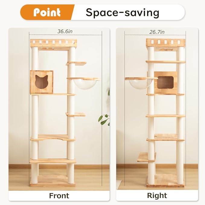 74.8" Wooden Cat Tree Tower for Large Cats, Multi-Level Cat Climbing Furniture with Scratching Posts, Cat Condo & Hammock, Natural Wood Cat Activity Center (White)-PurrikoPets