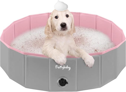 Furrybaby Dog Pool, Kiddie Pool Hard Plastic, Collapsible Pet Bath Foldable Swimming Pet Pool Portable Pink 32''-PurrikoPets