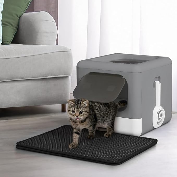Foldable Cat Litter Box w/Lid, Scoop & Mat, Drawer Design Cat Toilet for Kitten, Two-Way Entry Kitty Litter Box, Odor Control & Easy to Clean, Dark Grey-PurrikoPets