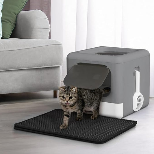 Foldable Cat Litter Box w/Lid, Scoop & Mat, Drawer Design Cat Toilet for Kitten, Two-Way Entry Kitty Litter Box, Odor Control & Easy to Clean, Dark Grey-PurrikoPets