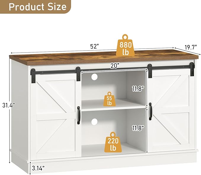 Farmhouse 55-75 Gallon Fish Tank Stand with Power Outlet, Aquarium Stand with Cabinet&Sliding Barn Door, Heavy Duty Reptile Tank Stand for 2 Fish Tank/Turtle Tank/Reptile Terrarium, White-PurrikoPets