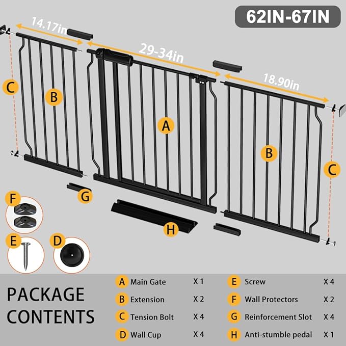 Fairy Baby Extra Wide Baby Gate Black 62-67 Inch Wide, Walk Through Pressure Mounted No Drill, Long and Large Tension Gate for Pet and Kids-PurrikoPets