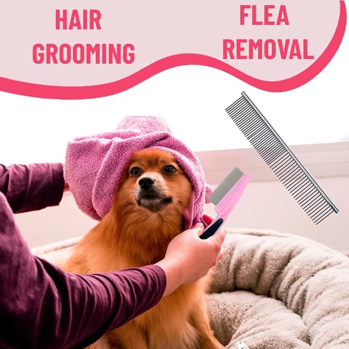 Dog Grooming Kit - Deshedding Brush for Short Hair, Slicker Brush, Flea Comb, Puppy Brush Set in Pink-PurrikoPets