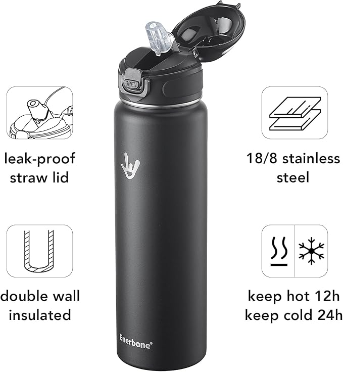 Enerbone 32 oz Insulated Water Bottle, Stainless Steel Bottle with Carrying Strap, Double-Wall Vacuum Insulation Design, Leakproof Sports Bottle with Straw, Keep Drinks Cold or Hot for Hours-PurrikoPets