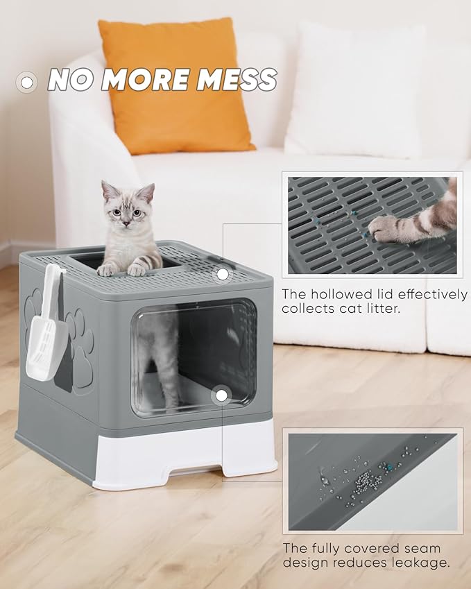 Enclosed Cat Litter Box, Large Litter Box for Big Cats, Covered Kitty Litter Boxes with Lid, Top Entry Cat Box Enclosure with Scoop, Odor Control, Easy to Clean(Grey)-PurrikoPets