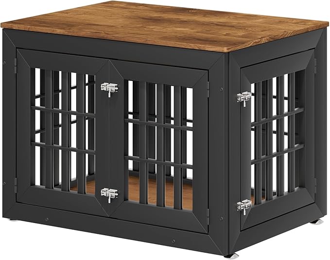 38" Heavy Duty Dog Crate Furniture for Small,Medium and Large Dogs,Rustic Wooden Dog Cage Kennel Indoor Furniture with Waterproof Top,Decorative Pet House Side End Table (Black & Wood)-PurrikoPets