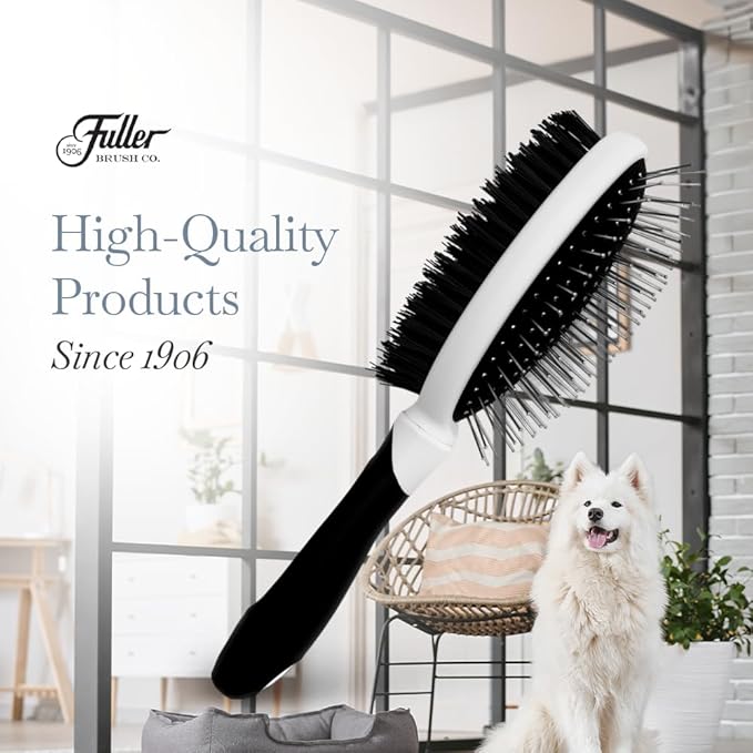 Fuller Brush 2-in-1 Double-Sided Pet Brush - Electroplated Round-Ended Steel Pins Positioned Into a Flexible Cushion on One Side & Nylon Bristles - Remove Shedding - Tool For Grooming Dogs & Cats-PurrikoPets