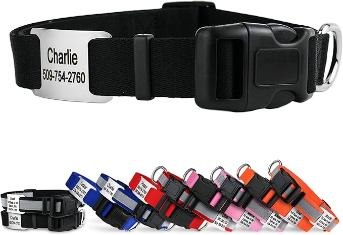 GoTags Personalized Dog Collar with Nameplate, Adjustable Dog Collar with Custom Engraved Slide On Pet ID Tag in Stainless Steel, Silent, No Noise Dog Tag for Large Medium and Small (Black, Large)-PurrikoPets
