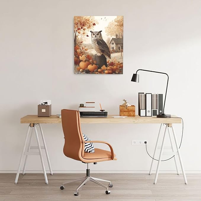 Fall Owl Wall Art Autumn Pumpkin Leaves Wall Decor Rustic Canvas Print Farmhouse Pictures Painting Print Framed Artwork Decorations Gifts for Living Room Bathroom Bedroom Office 20"x24"-PurrikoPets