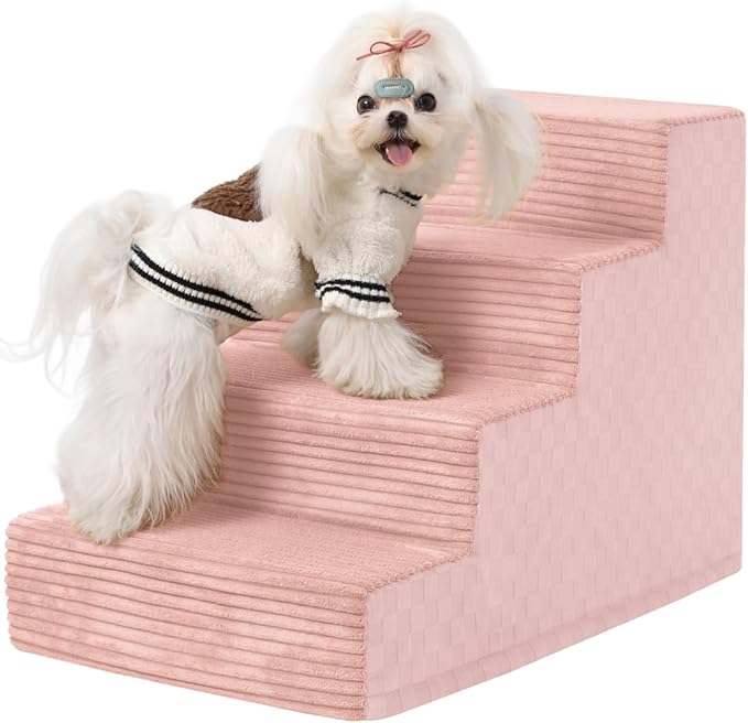 Dog Stairs for Small Dogs,17.5" H,4-Step Dog Steps for Bed and Couch with High Density Foam,Non-Slip Pet Steps for Doggy and Cat,Pet Stairs with a Washable Cover,Pink-PurrikoPets
