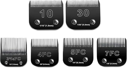 10 Blades Dog Grooming Blades Compatible with Andis/Oster A5/Wahl KM-10 Series Dog Clippers,Detachable Clipper Replacement Blade,Black (6PCS Black-#10+30+3FC+4FC+5FC+7FC)-PurrikoPets