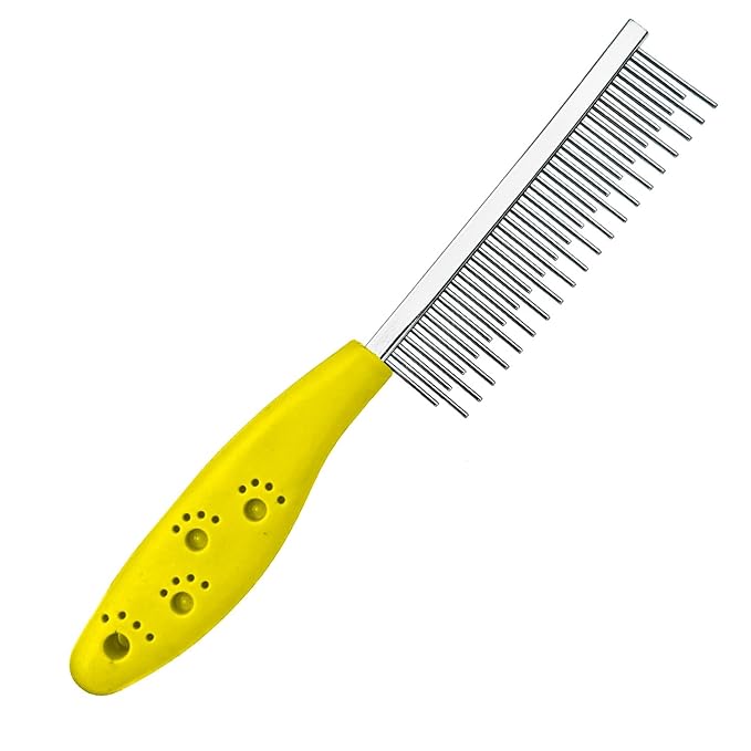 Dog or Cat Comb Grooming with Short and Long Teeth Dematting Knots Tangles Remover Combs Detangler Tool Suitable for Dogs Cats Poodle HorseStainless Steel Pin (Yellow)-PurrikoPets