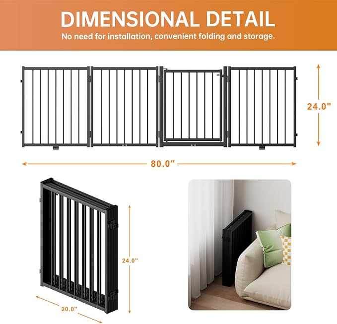 Full Metal Freestanding Dog Gate with Door, 24'' Height Foldable Pet Dog Fence for Indoor & Outdoor, 4 Panels Extra Wide Free Standing SmallDog Gates for Doorways,House,Stairs,Porch,Deck,Yard-PurrikoPets