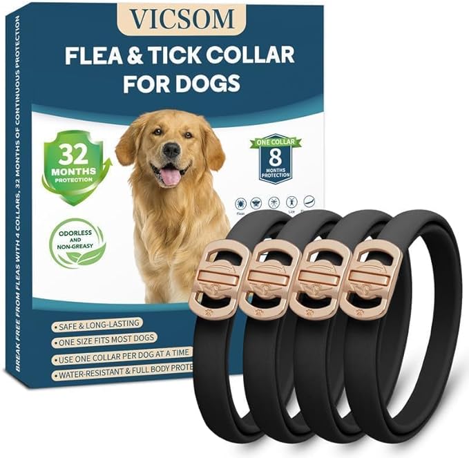 Flea and Tick Collar for Dogs 4 Pack, 32 Months Prevention, Waterproof, Adjustable for Small Medium Large Dogs Puppies (Black)-PurrikoPets